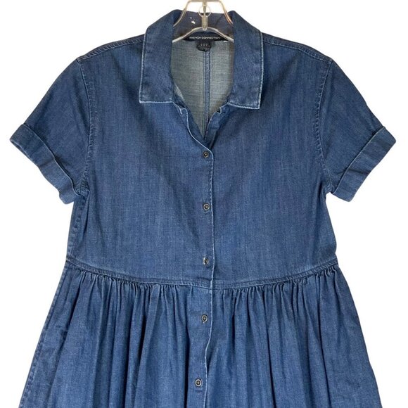French Connection Denim Short Sleeve Button Front Dress Size 2 Babydoll A-Line - Picture 3 of 8